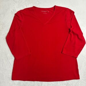 Susan Graver Essentials Red V-Neck Top Medium Knit 3/4 Sleeve Blouse Liquid Knit